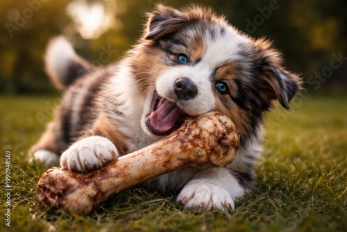 Joyful Australian shepherd pup energetically gnawing on a large bone