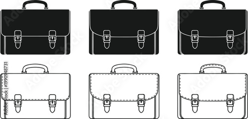Six briefcases in black and white outline and silhouette against a white background