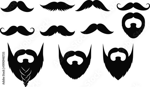 Black and white mustache and beard silhouette vector illustration set featuring various facial hair styles isolated on white background for grooming.