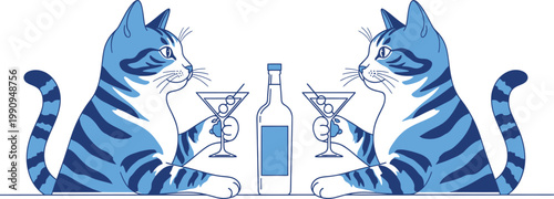 Cats with martini cocktails naive doodle vector illustration