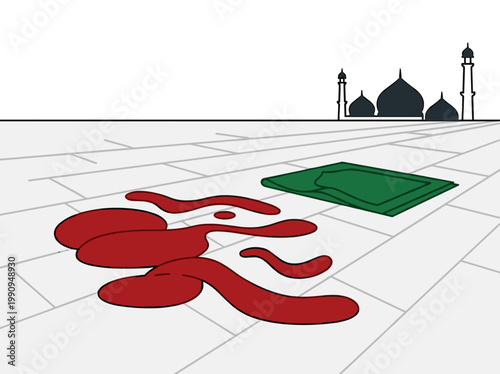 Blood on pavement near mosque with prayer mat after ritual sacrifice eid aladha concept of religion and solemn tradition