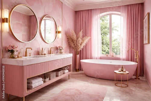 vibrant pink bathroom room with stylish fittings and sophisticated layout