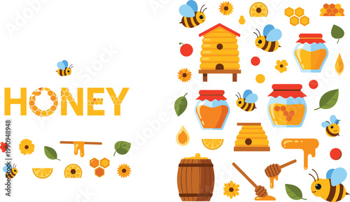 Sweet honey and bee illustrations with honeycomb and hive elements
