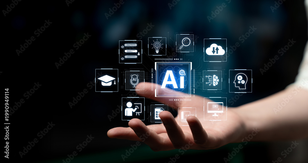 Fototapeta premium AI assisted knowledge training study system and online education process innovation for digital transformation to online student on internet guide lesson. Self improvement. Corpus