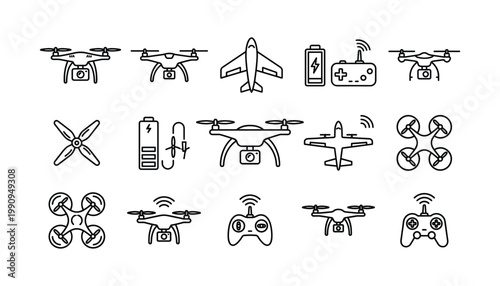 Vector drone icons set transparent background and outline drawings of flying machines and remote controls technology symbols.