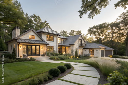 Modern two-story house with stone and light siding, gabled roofs, landscaped garden, and illuminated windows showcasing elegant contemporary residential architecture generative ai