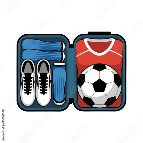 Football gear set inside a travel case, ready for the next match.