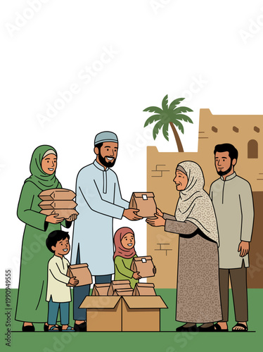 Muslim family giving packaged meat to neighbors in village eid aladha concept of charity generosity and social support