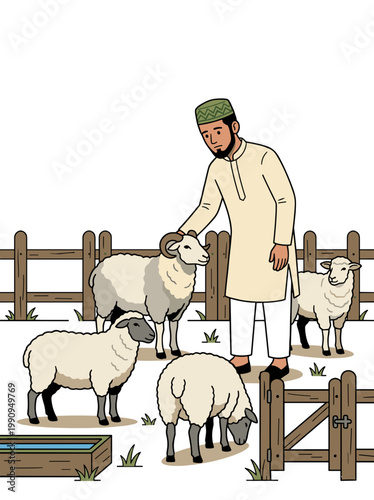 Eid aladha man choosing sheep in farm enclosure concept of qurbani preparation and livestock selection