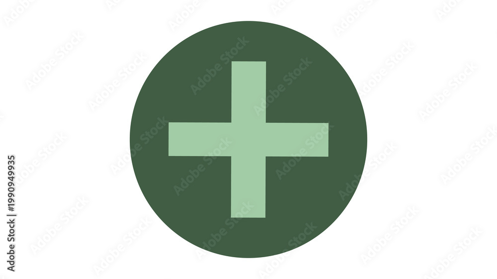 Fototapeta premium Green circle with light green plus sign symbol positive addition increase confirmation agreement approval information isolated mathematics geometric abstract contrast minimalist