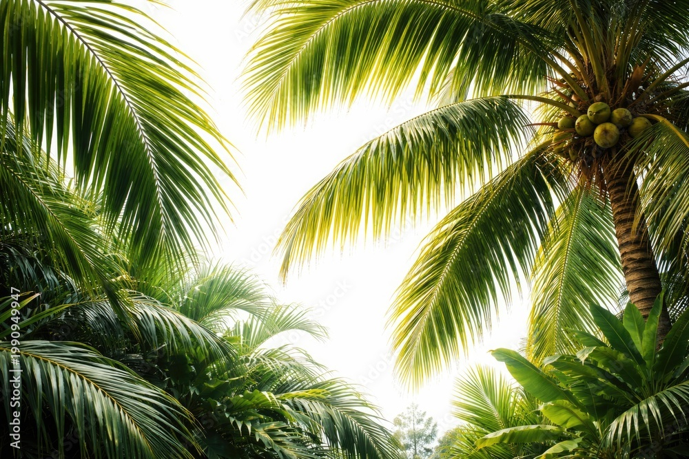 Fototapeta premium Tropical foliage featuring coconut palm fronds against a clean white backdrop