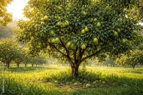 Lush guava tree full of fruit in green field