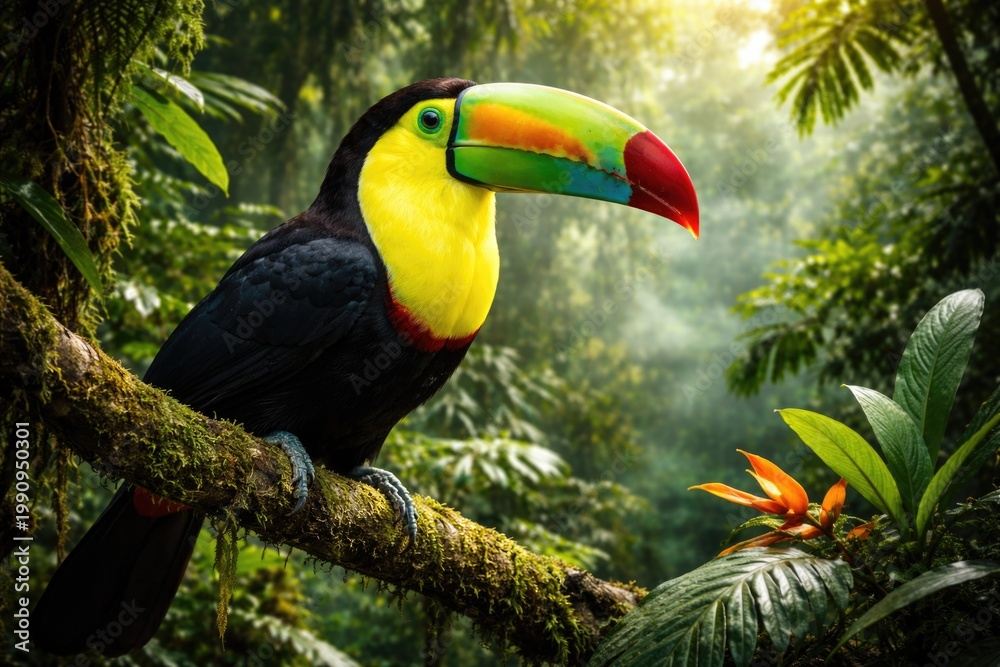 Fototapeta premium Colorful toucan with large bill thriving in dense tropical forest habitat