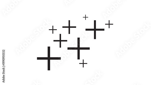 Scattered plus symbols on white background with black and white graphic resources mathematics addition positive abstract minimalist geometric isolated communication confirmation