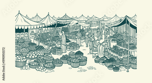 Hand drawn sketch of a busy traditional bazaar featuring people shopping at various outdoor stalls