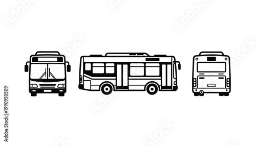 Set of three bus icons vector graphic with front side and back view isolated on transparent background.