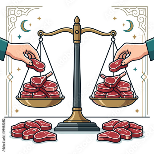 Eid aladha weighing meat portions on balance scale for fair distribution concept of equality and sharing