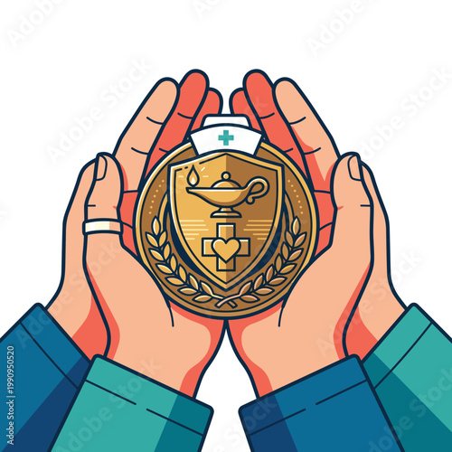 International nurses day hands holding nursing badge symbol of honor and professional recognition concept of appreciation