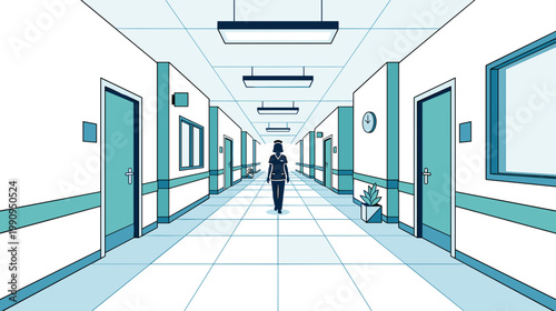 International nurses day hospital corridor with nurse silhouette walking concept of dedication and healthcare service