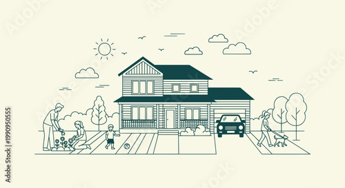 Suburban family home vector line illustration with garden activity and dog walking scene design