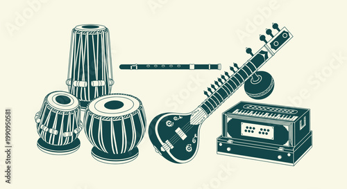 Indian Classical Musical Instruments Collection Sitar Harmonium Tabla and Bansuri Vector Illustration