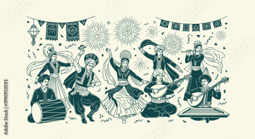 Traditional Middle Eastern Celebration with Folk Dancers and Musicians Playing Ethnic Instruments