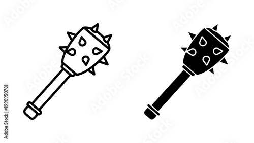 Medieval Spiked Mace Icon Set in Outline and Glyph Style