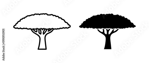 African Acacia Tree Outline and Silhouette Icon Set