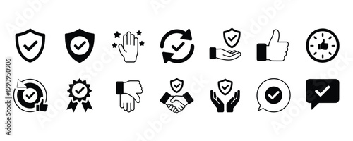 Black and white icons of security and approval symbols