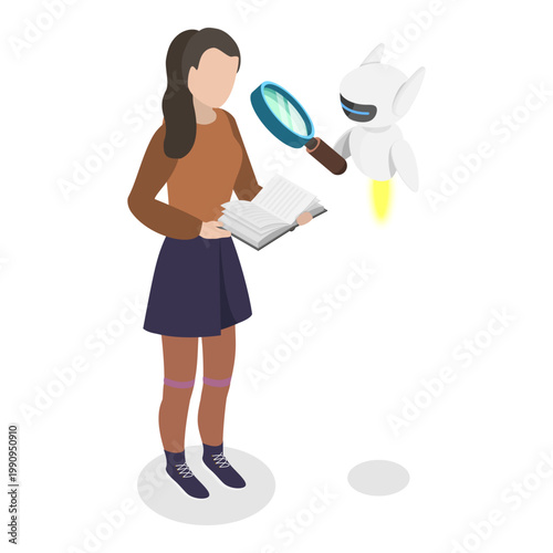3D Isometric Flat Vector Illustration of Learning and AI Technologies, Artificial Intelligence in School Education. Item 2