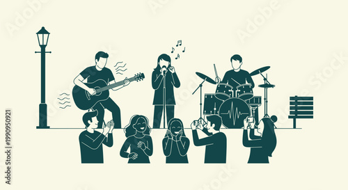 Outdoor live music performance vector illustration with a singer, band, and audience in the park.