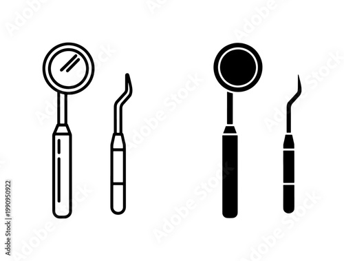 Dental Mirror and Probe Icon Set in Outline and Silhouette Style