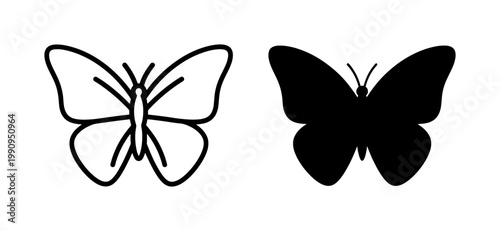 Butterfly Outline and Solid Black Silhouette Icon Set