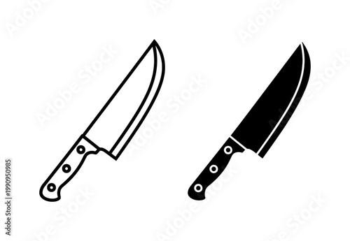 Chef knife icon set in black outline and solid style