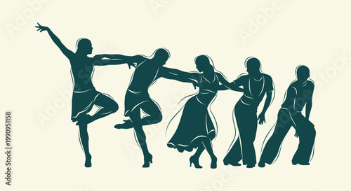 Group of Diverse People Dancing Together Silhouettes Ballroom Latin Salsa Dance Performance Vector