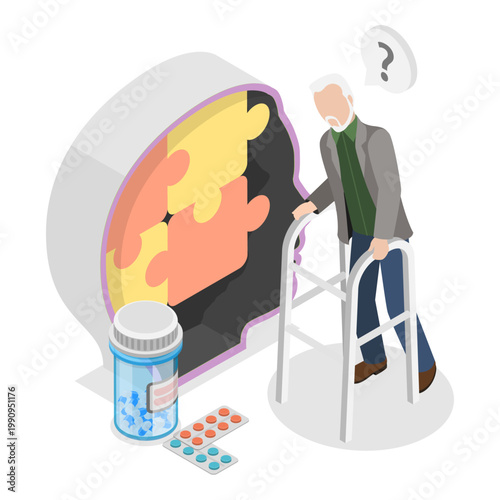 3D Isometric Flat Vector Illustration of Age Related Changes, Elderly Brain Activity Problems. Item 2