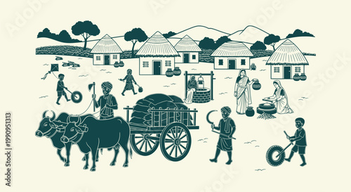 Traditional Indian Rural Village Scene Vector Illustration with Huts Bullock Cart and Farm Life