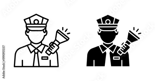 Security Guard Icon Holding Flashlight in Line and Glyph Style