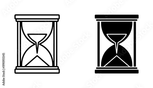 Hourglass line and solid black icon set on white background