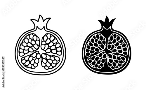 Pomegranate fruit cross section line art and black silhouette