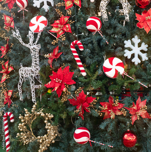 Christmas tree with traditional red decoration