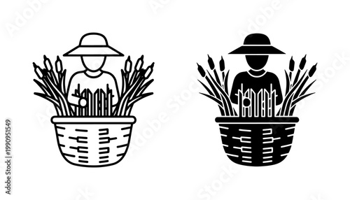 Asian Farmer Icon with Rice Harvest Basket