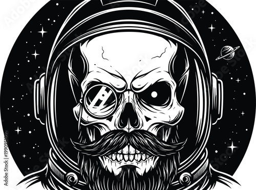 "Stylized skull wearing astronaut helmet with monocle and mustache, cosmic background of stars and planet, blending gothic art and science fiction"Mobile