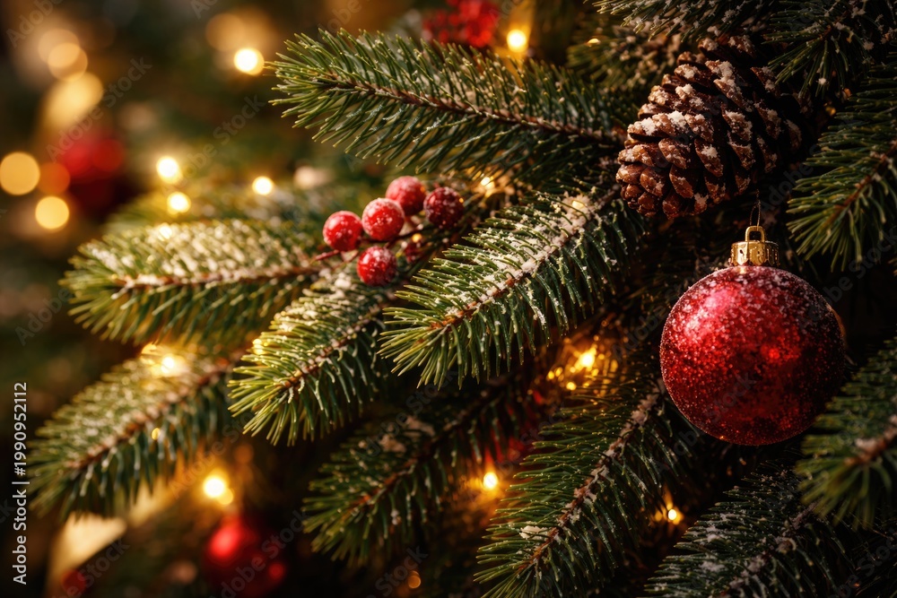 Fototapeta premium Close perspective on a lush fir twig prepared for holiday celebration