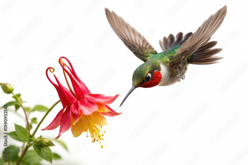 Fototapeta premium Ruby throated hummingbird diving toward a vibrant red columbine bloom with tail fully spread on white background