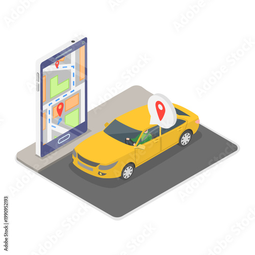 3D Isometric Flat Vector Illustration of Renting a Car Using a Mobile Application, Rideshare Company Services. Item 2