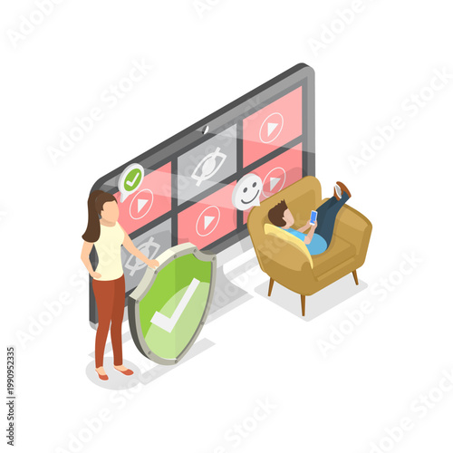 3D Isometric Flat Vector Illustration of Internet Cyber Safety, Parental Control. Item 2