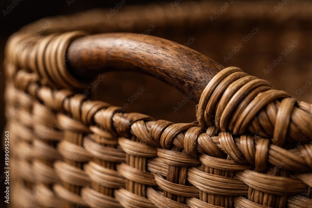 Obraz premium Macro shot of a robust wooden grip attached to a tightly woven basket