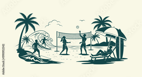 Vintage Silhouette Illustration of Summer Beach Activities with Surfing Volleyball and Relaxation