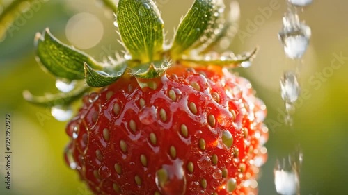 Fresh ripe strawberry with water splashing in sunlight